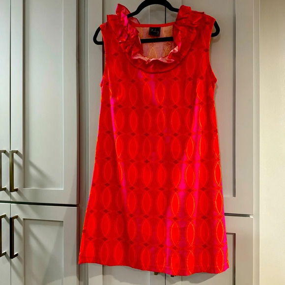 Haley Pullover Cotton Sleeveless Dress Ruffle Neckline Red Pink and Orange Small - Picture 1 of 5